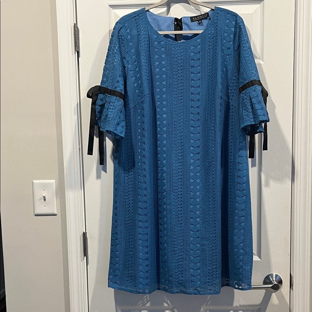 Eloquii Blue Lace Midi Dress with Black Ribbon Details. Special occasion.